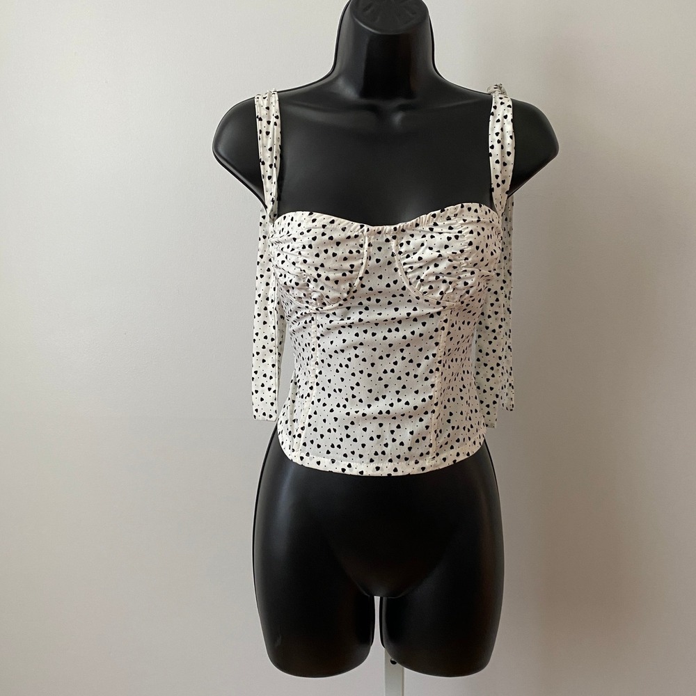 O.Vianca Small White Heart Print Bustier Top Tie Shoulder‎ Corset Style Blouse